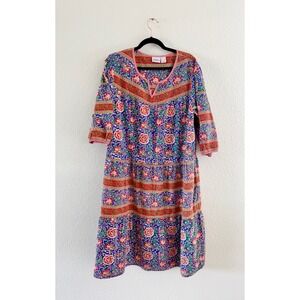 Vermont Country Store Dress Womens XL Blue Red Floral Cotton Tiered Vintage Midi